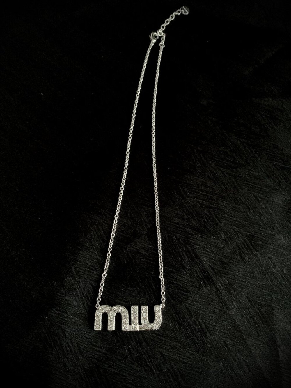 Miu Miu Silver Crystal Logo Letter Necklace